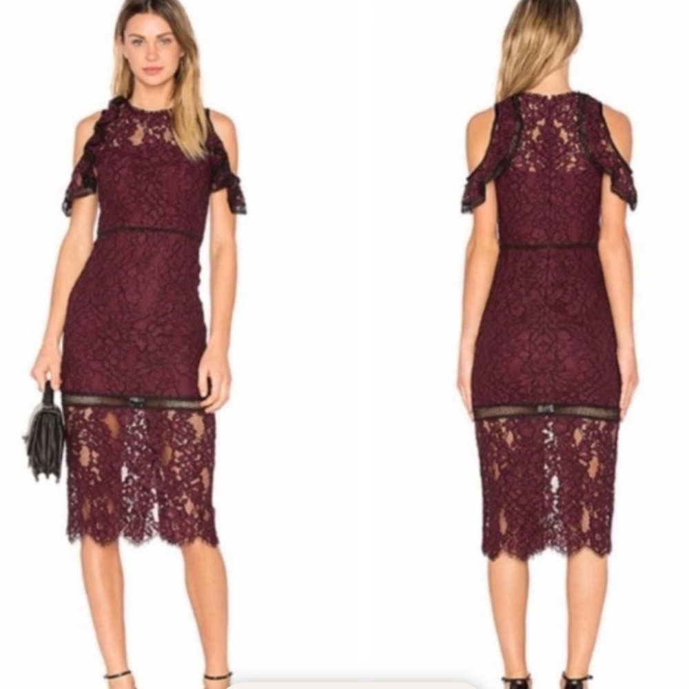 Alexis Evie‎ Burgundy Lace Midi Dress Cold Shoulder Size Small
